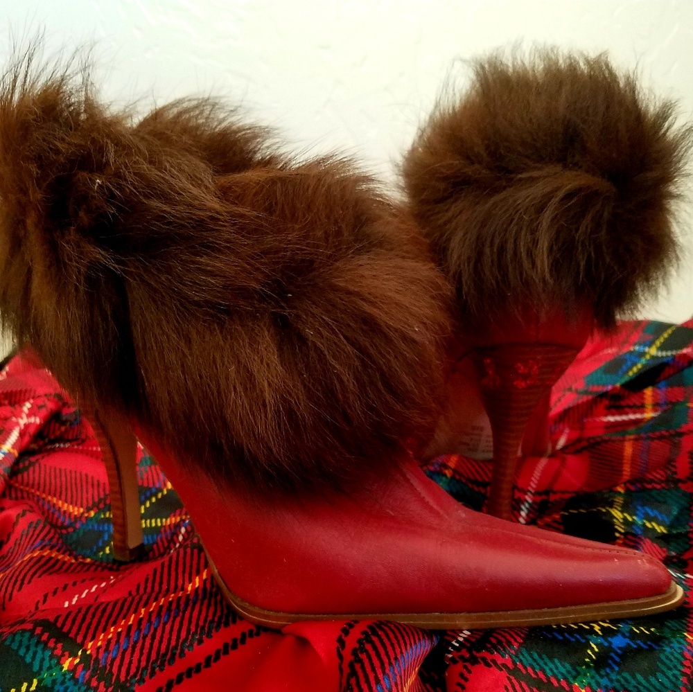 SAMPLE PAIR - Deep Red Fur Ankle Booties